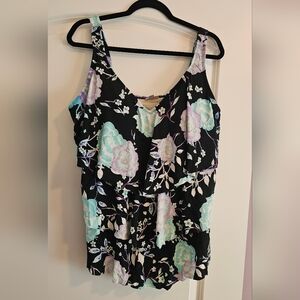 Avenue Swim Tankini Tiered Ruffle Black Floral Mint & Lilac Blooms